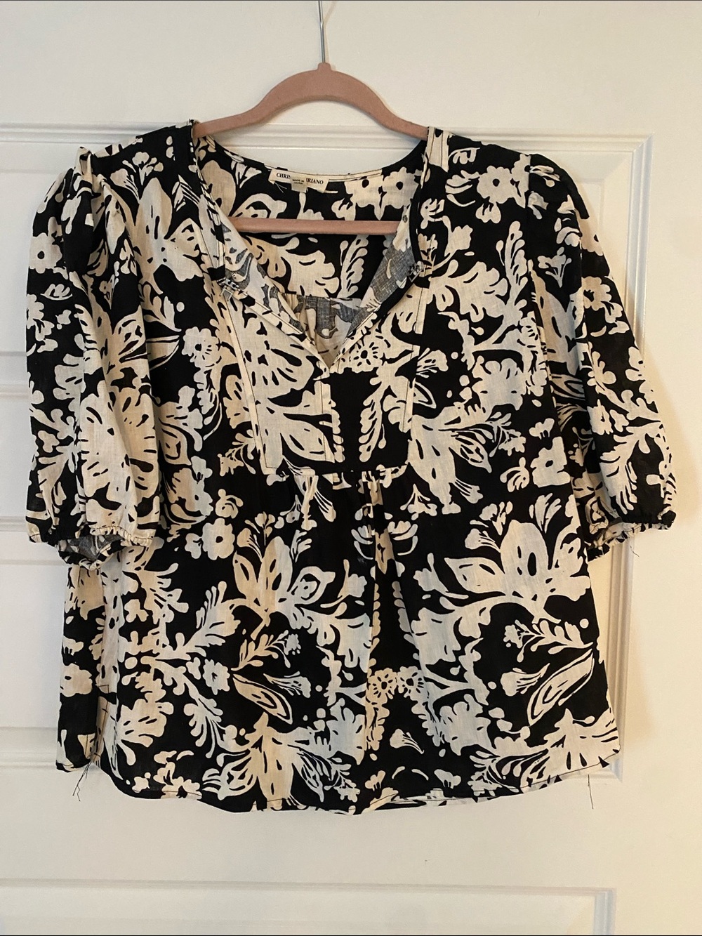 Christian Siriano Black and Cream Floral Puff-Sleeve Blouse